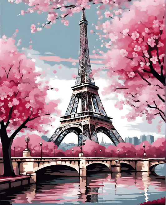Pink cherry blossom Eiffel Tower, Paris PD - Van-Go Paint-By-Number Kit