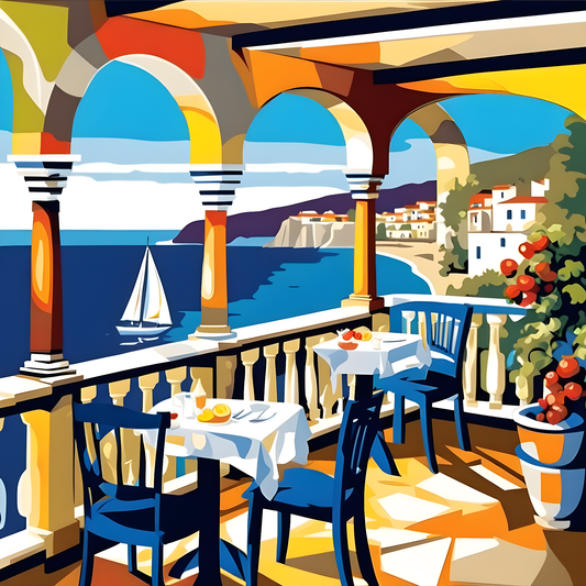Seaside Balcony Restaurant, Greece (3) - Van-Go Paint-By-Number Kit