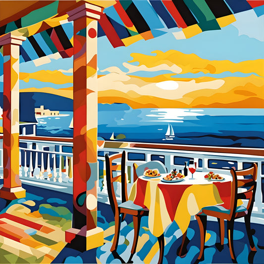 Seaside Balcony Restaurant, Greece (1) - Van-Go Paint-By-Number Kit