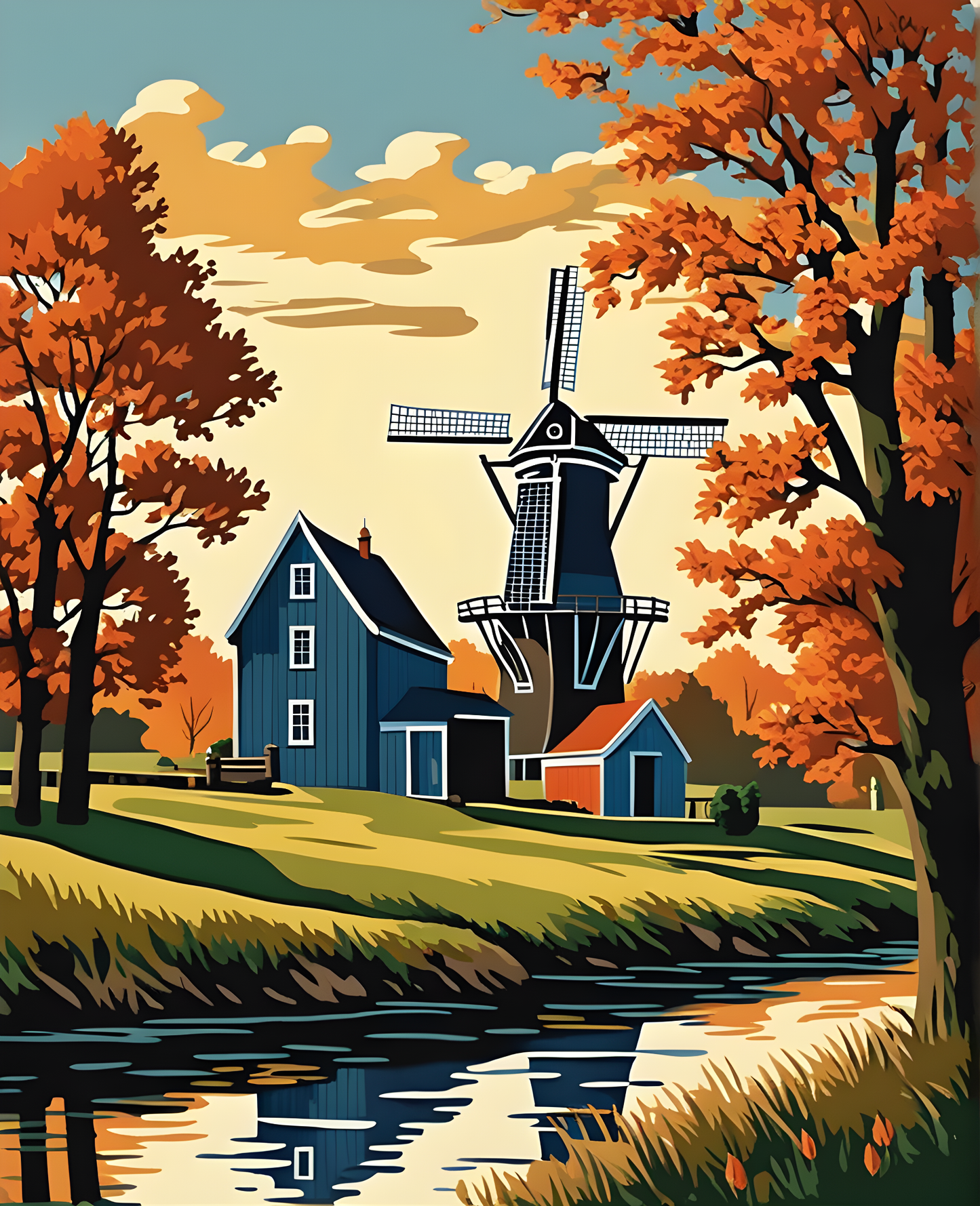 Riverside Windmill Landscape, Netherlands (2) - Van-Go Paint-By-Number Kit