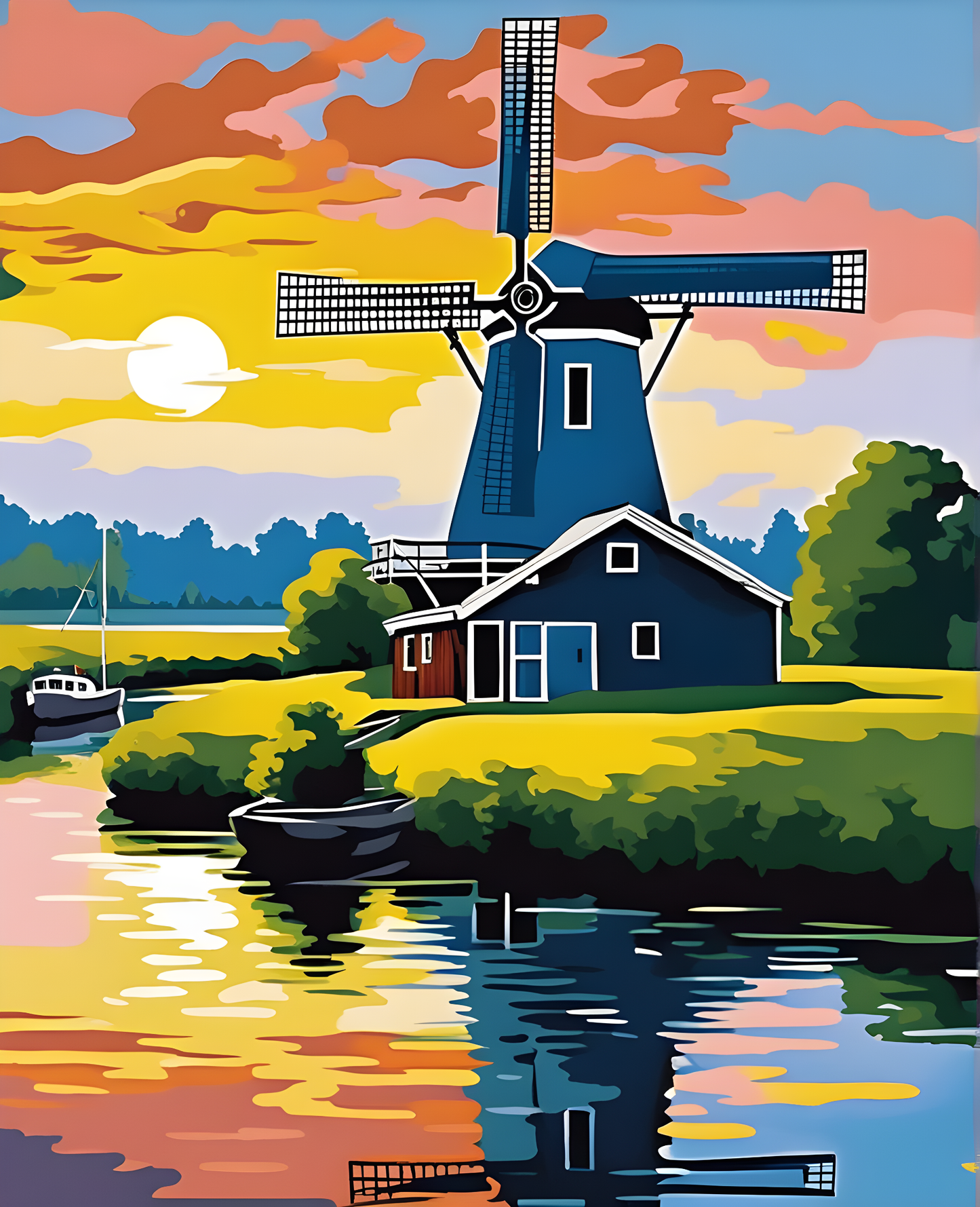 Riverside Windmill Landscape, Netherlands (1) - Van-Go Paint-By-Number Kit