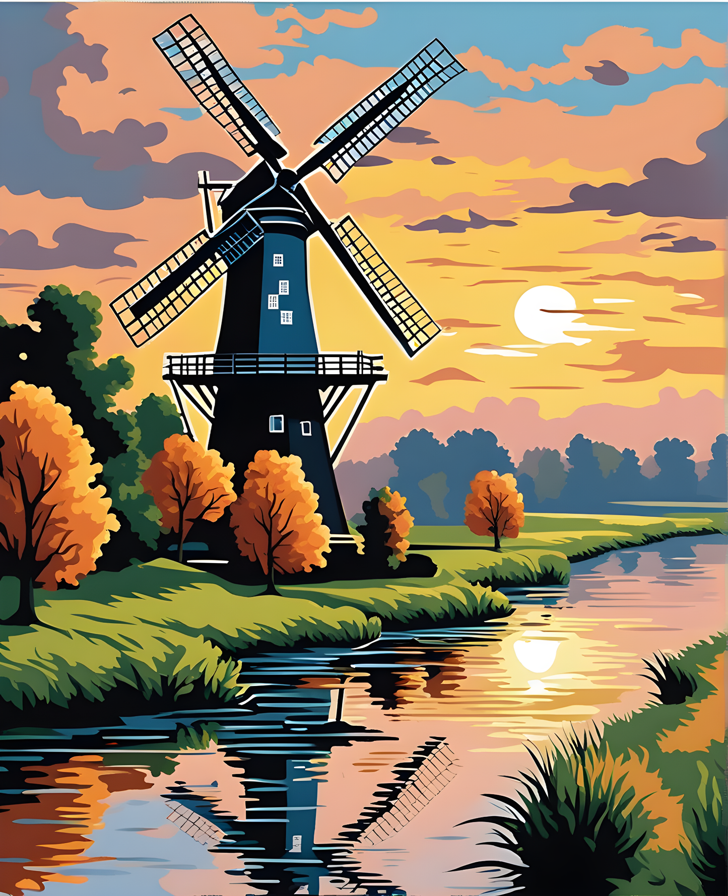 Riverside Windmill Landscape, Netherlands (3) - Van-Go Paint-By-Number Kit