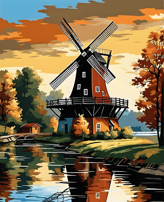 Riverside Windmill, Netherlands (2) - Van-Go Paint-By-Number Kit