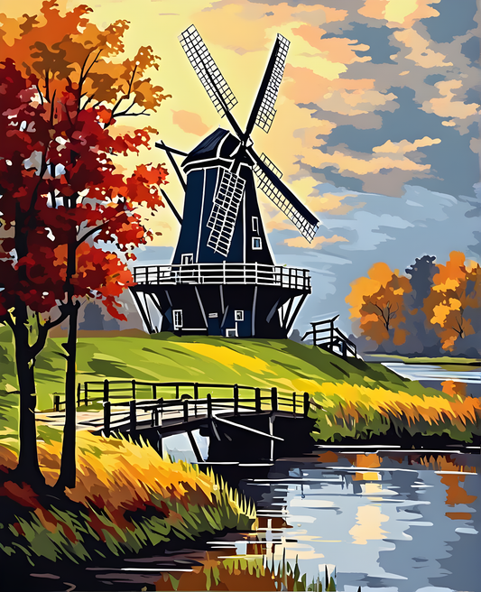 Riverside Windmill, Netherlands (1) - Van-Go Paint-By-Number Kit