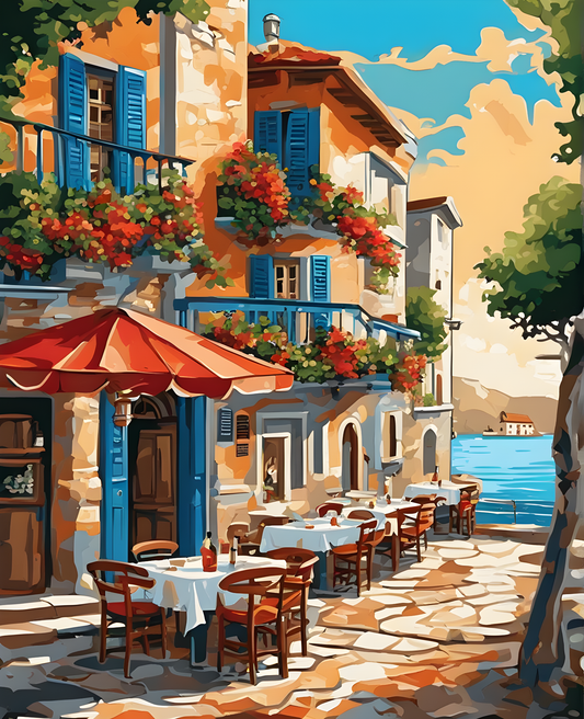 Seaside Street Taverne, Greece - Van-Go Paint-By-Number Kit