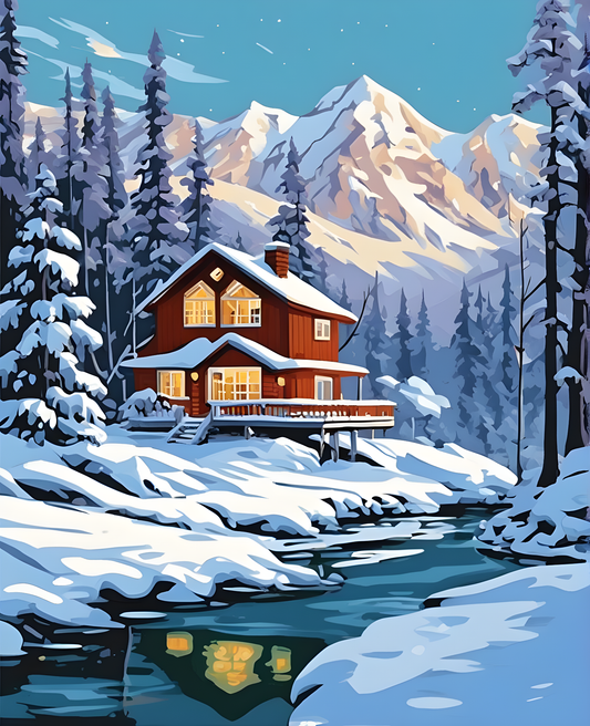 Snowy House in Alaska Woods - Van-Go Paint-By-Number Kit