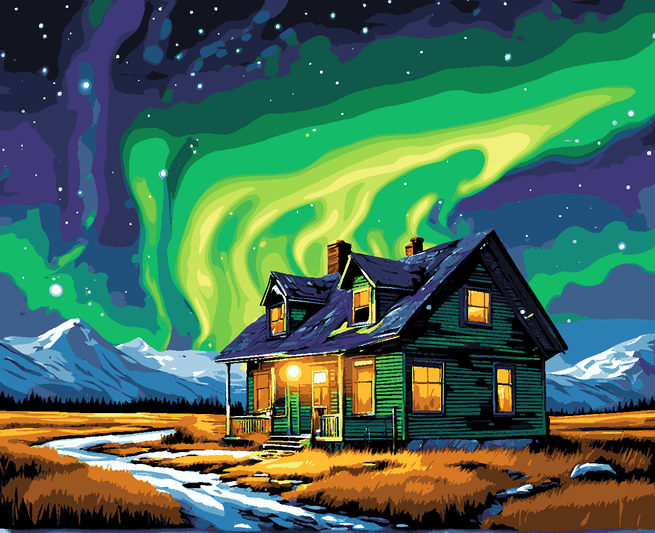 Abandoned house with Northern lights - Van-Go Paint-By-Number Kit