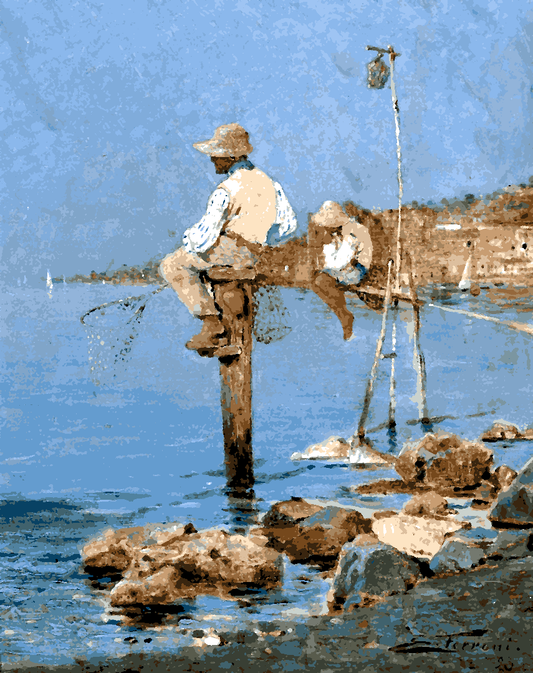 Boys fishing on the Italian Coast by Egisto Ferroni - Van-Go Paint-By-Number Kit