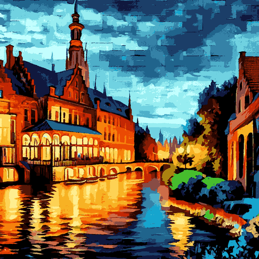 Bruges Canal, Belgium at Night (2) - Van-Go Paint-By-Number Kit