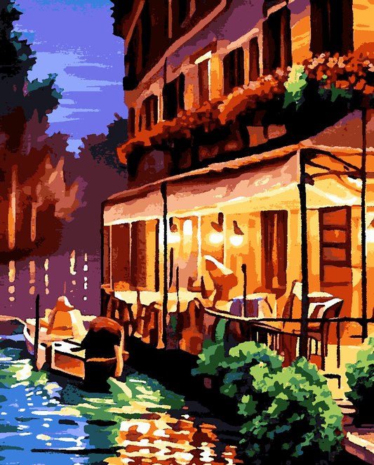 Canal Side Venetian Café Landscape (1) - Van-Go Paint-By-Number Kit