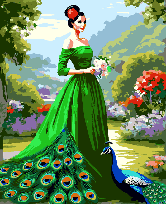 Peacock Lady in Green Dress (3) - Van-Go Paint-By-Number Kit