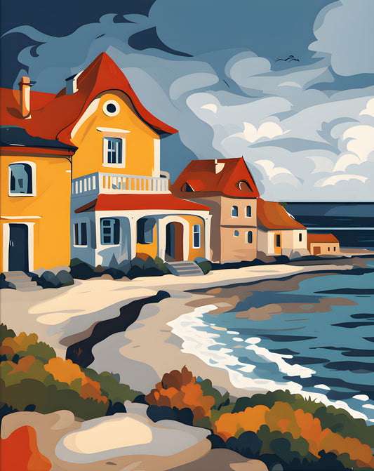 Seascape with Houses on Beach (1) - Van-Go Paint-By-Number Kit