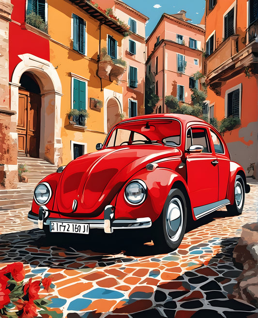 Red Beetle Car In Rome (2) - Van-Go Paint-By-Number Kit