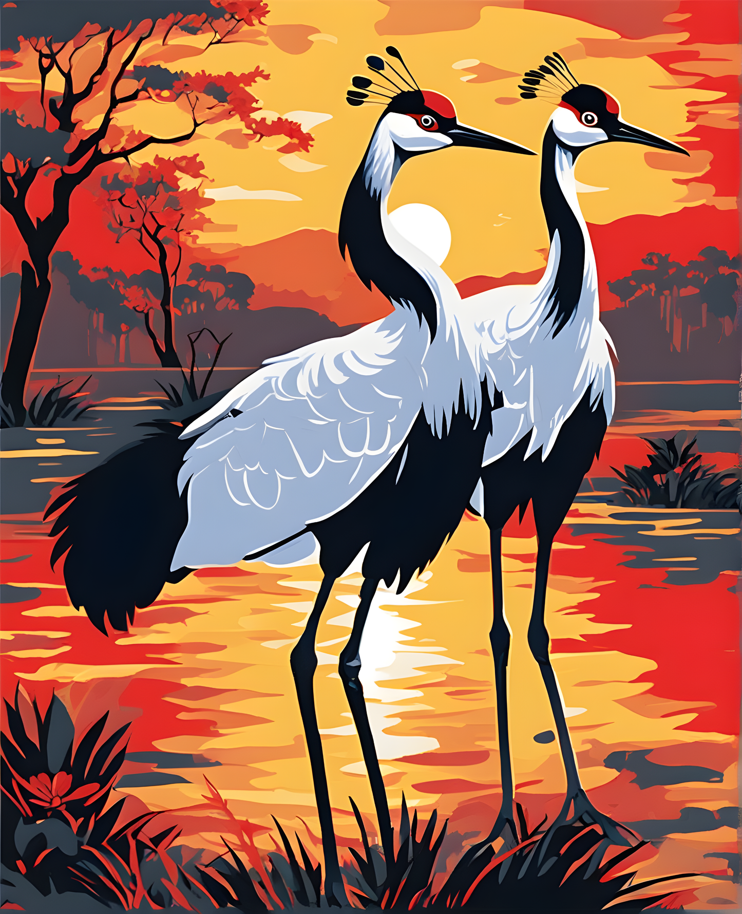 Red-Crowned Cranes at Sunrise (2) - Van-Go Paint-By-Number Kit