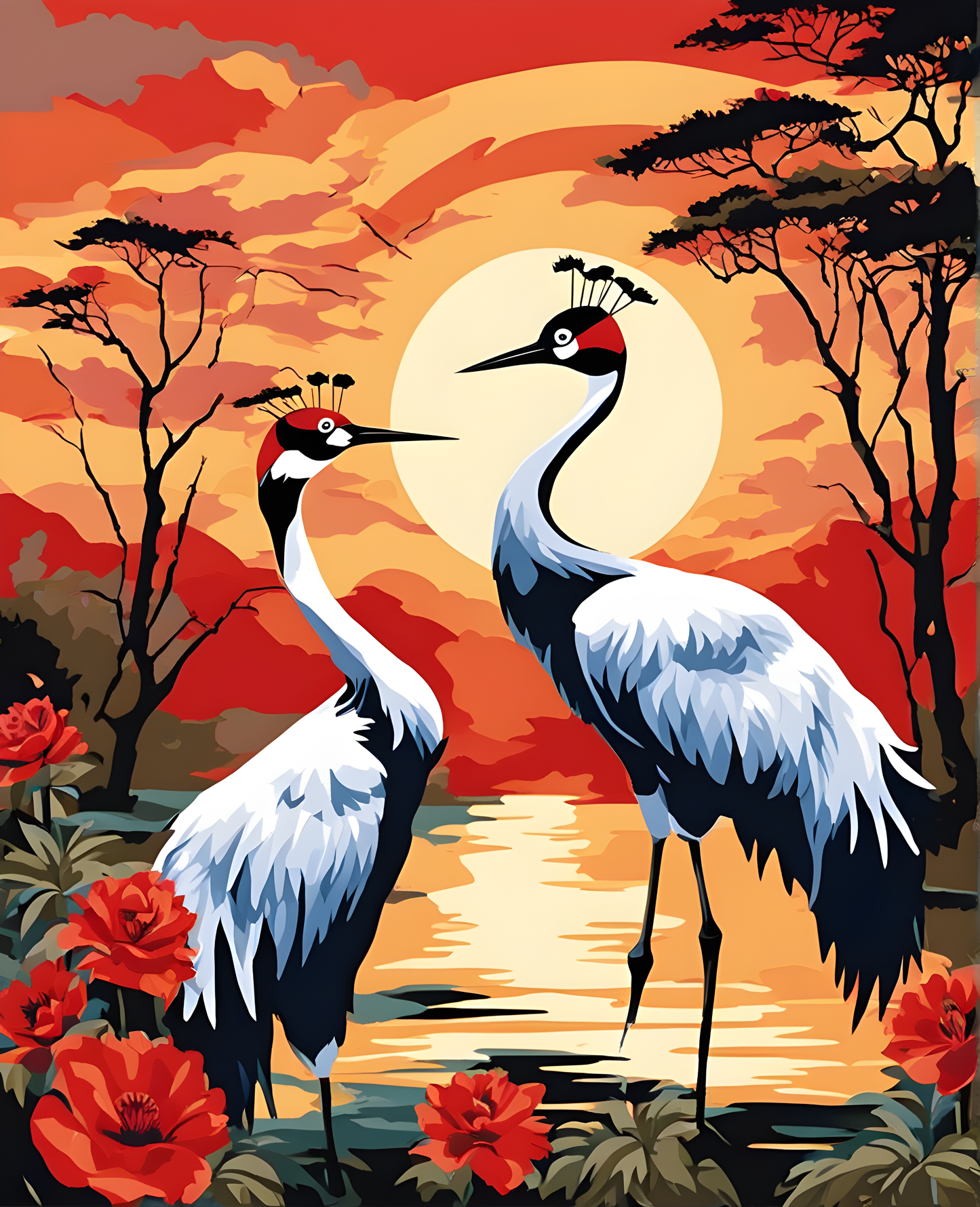 Red-Crowned Cranes at Sunrise (1) - Van-Go Paint-By-Number Kit