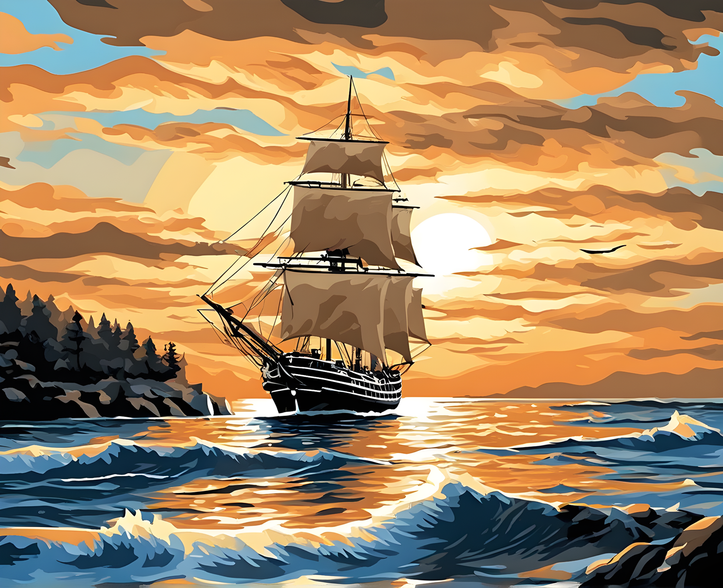 Sailing Ship over Sunrise Background - Van-Go Paint-By-Number Kit