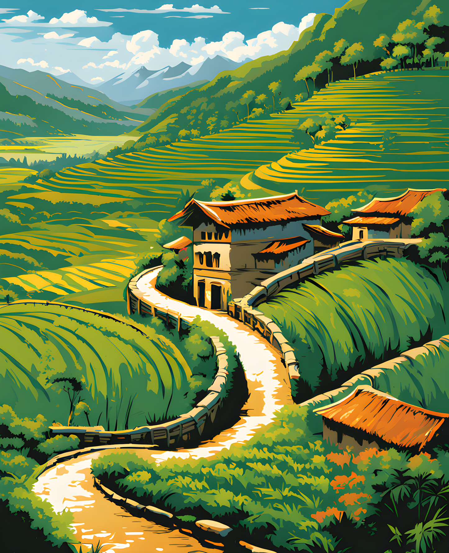 Bamboo Huts in Green Rice Terraces (2) - Van-Go Paint-By-Number Kit