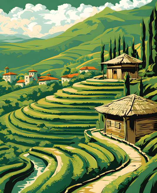 Bamboo Huts in Green Rice Terraces (1) - Van-Go Paint-By-Number Kit