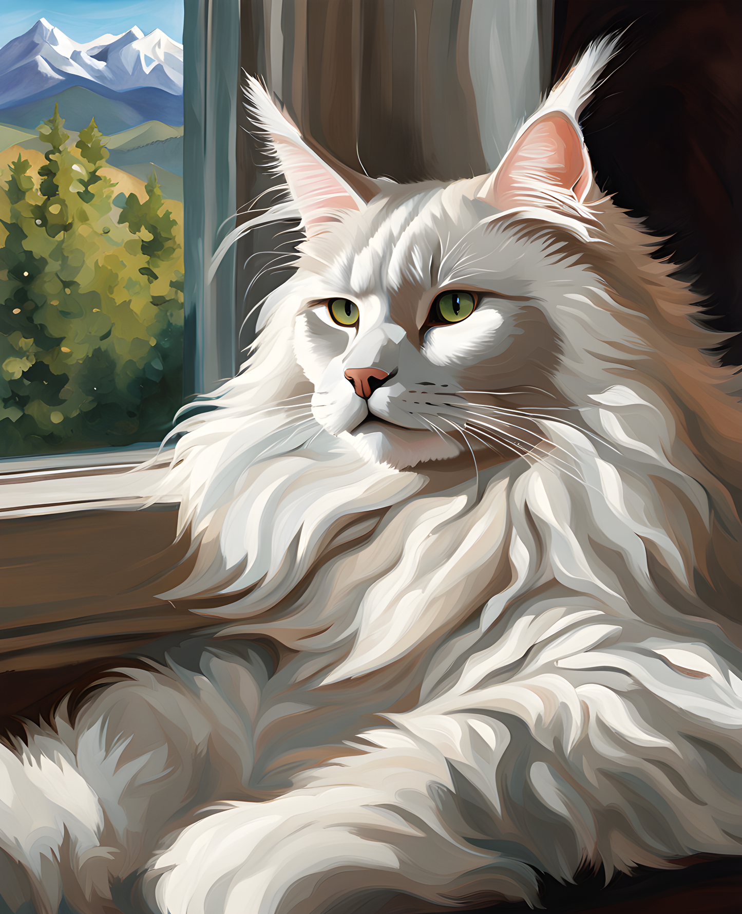 Large White Maine Coon Cat Lounging on a Windowsill (2) - Van-Go Paint-By-Number Kit