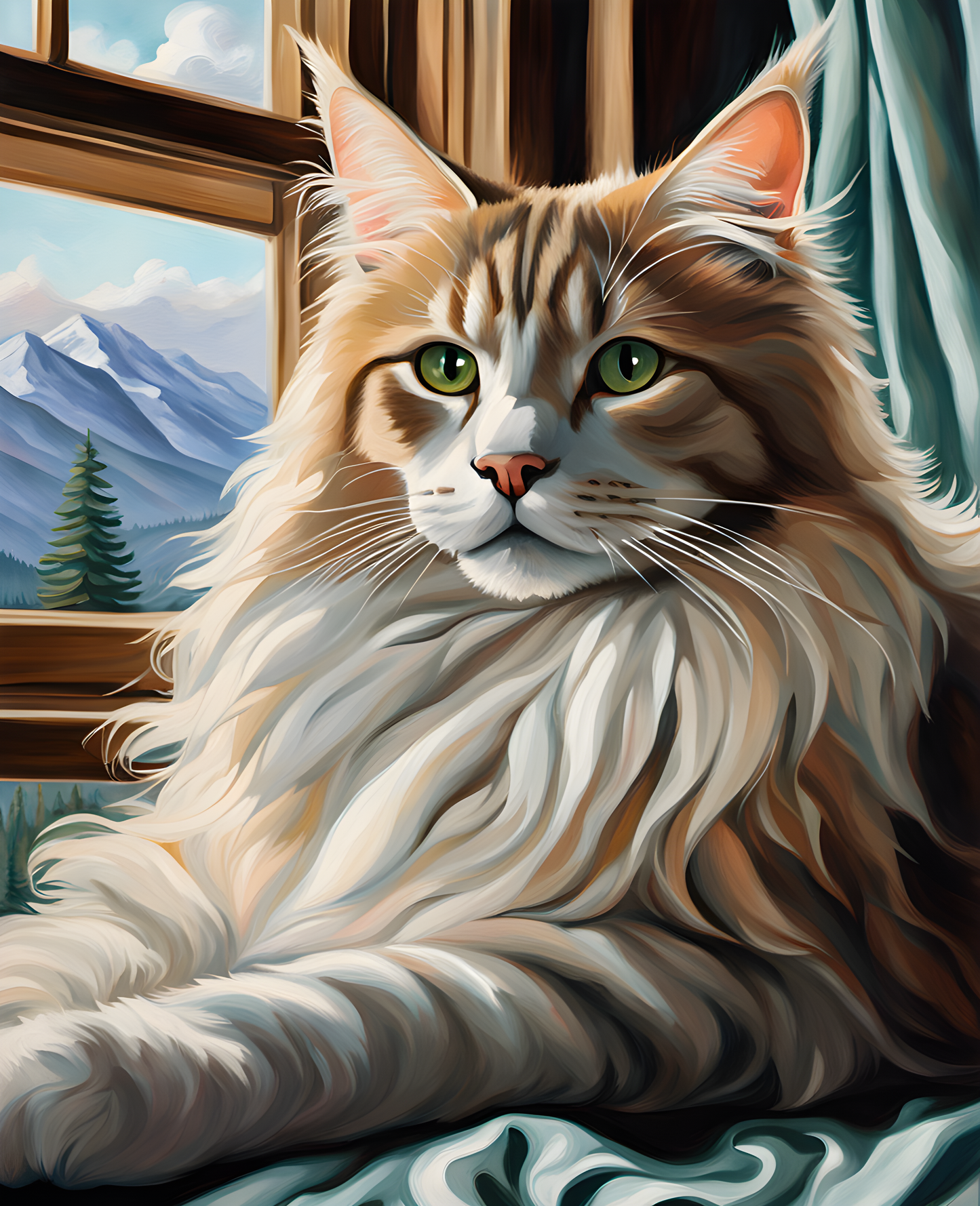 Large White Maine Coon Cat Lounging on a Windowsill (1) - Van-Go Paint-By-Number Kit