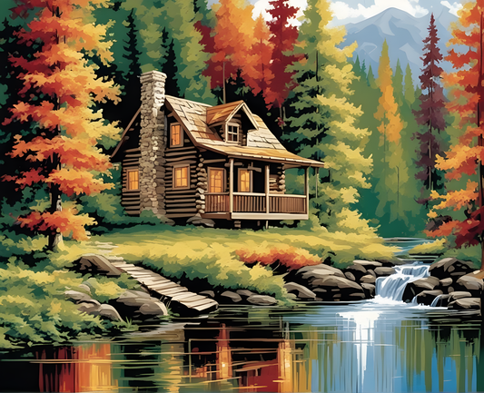 Breathtaking Forest Riverside Cabin (PD) - Van-Go Paint-By-Number Kit