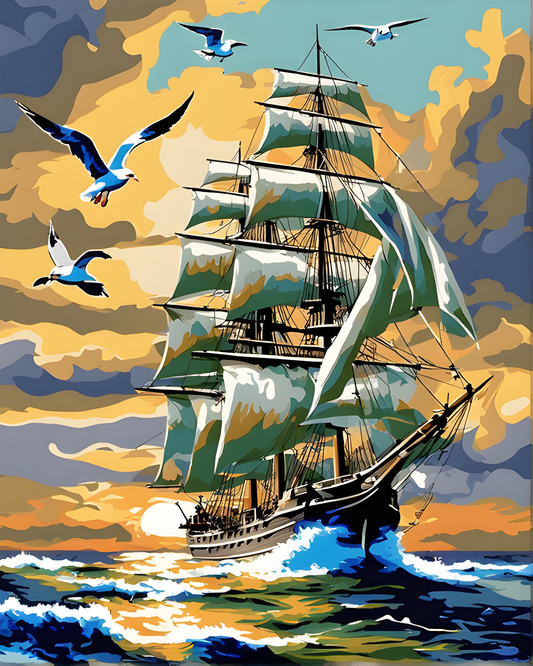 Old Merchant Sailing Ship and Seagulls PD - Van-Go Paint-By-Number Kit