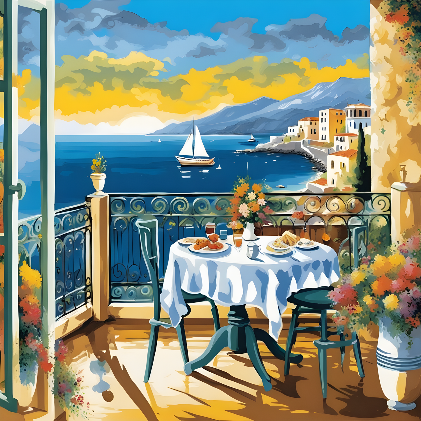 Seaside Balcony Restaurant, Greece (2) - Van-Go Paint-By-Number Kit