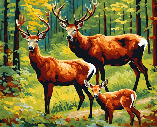 A Family of Red Deer in a Forest Glade - Van-Go Paint-By-Number Kit