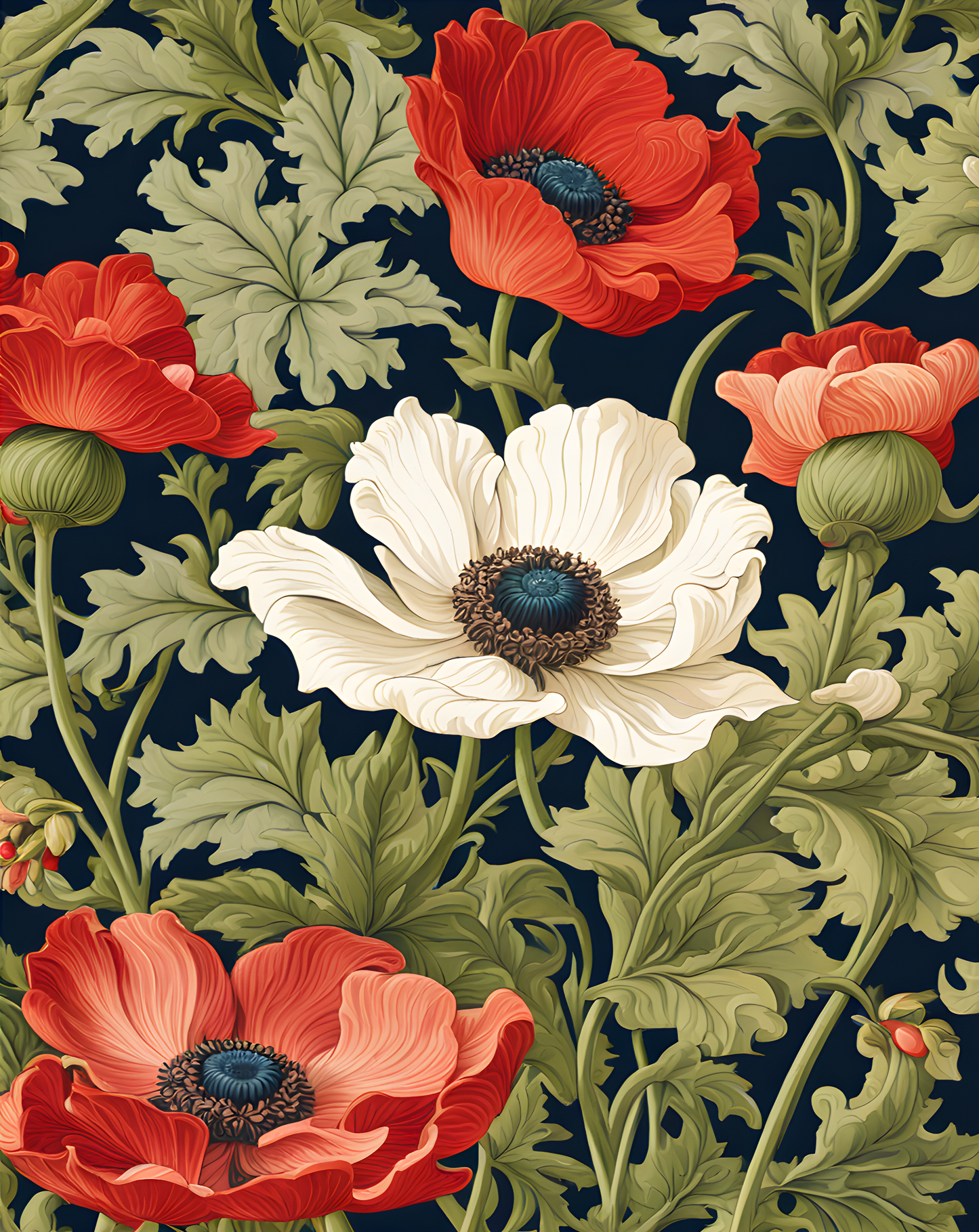 William Morris Style Collection PD (20) - Anemone Fabric Pattern - Van-Go Paint-By-Number Kit