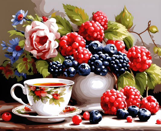 Berries, Flowers & Cup of Tea (2) - Van-Go Paint-By-Number Kit