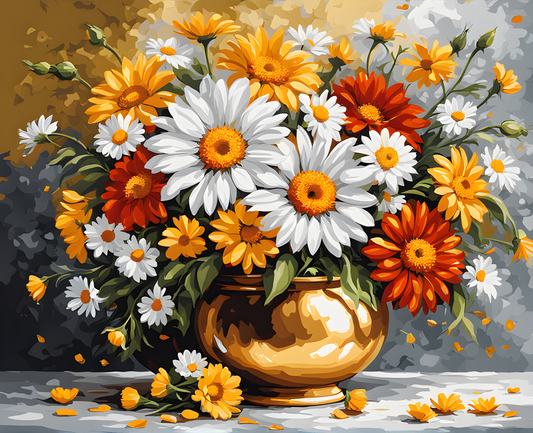 Bouquet with daisies and gold lacquer PD (2) - Van-Go Paint-By-Number Kit