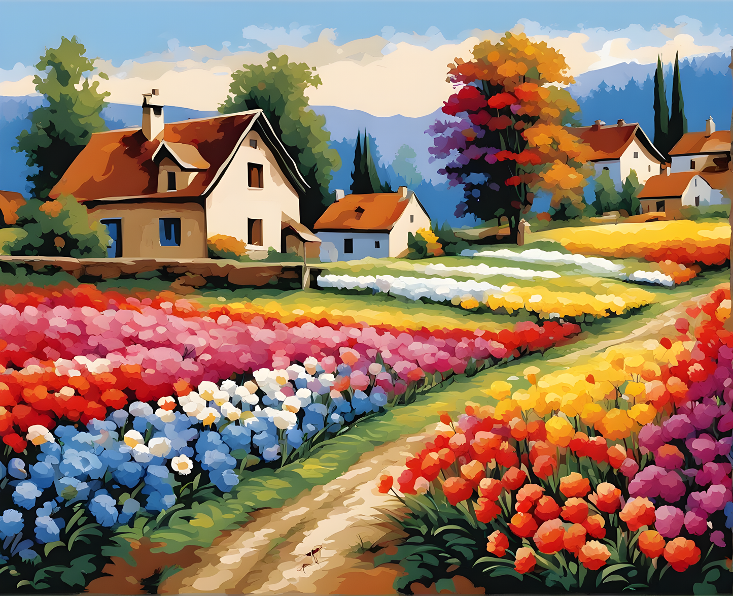 Colorful Flowers Field near a Village (2) - Van-Go Paint-By-Number Kit