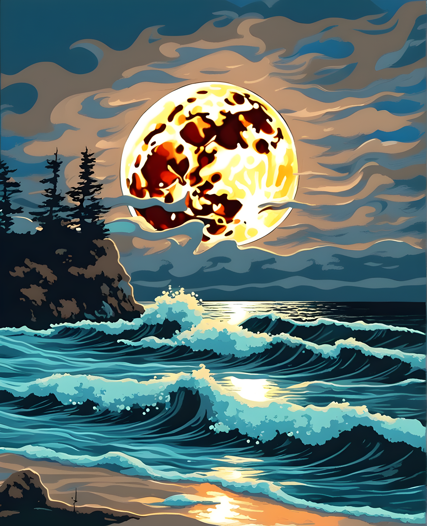 Full Moon over a Wavy Ocean - Van-Go Paint-By-Number Kit