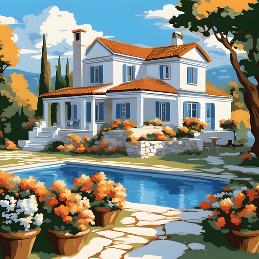 Greek Cottage House Landscape (1) - Van-Go Paint-By-Number Kit