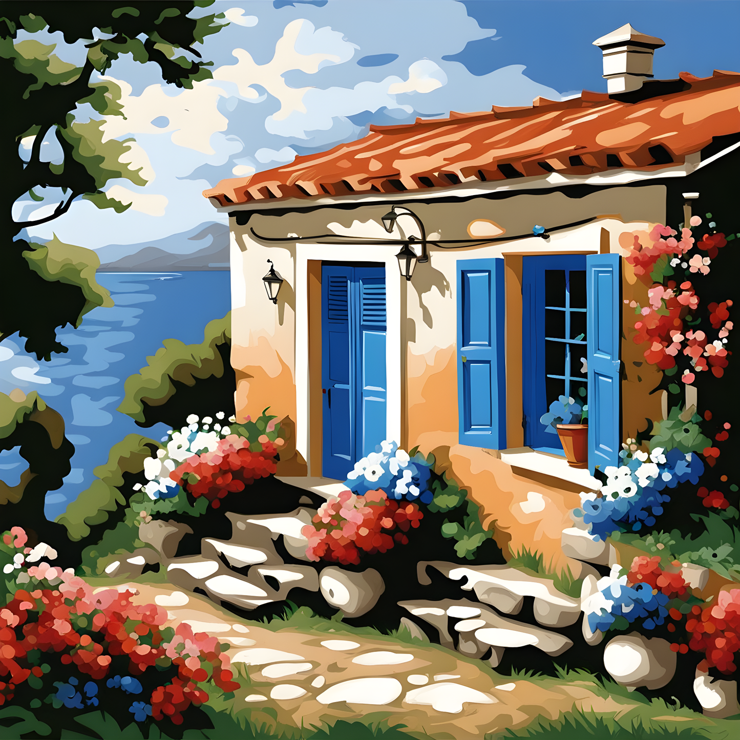 Greek Cottage House Landscape (2) - Van-Go Paint-By-Number Kit