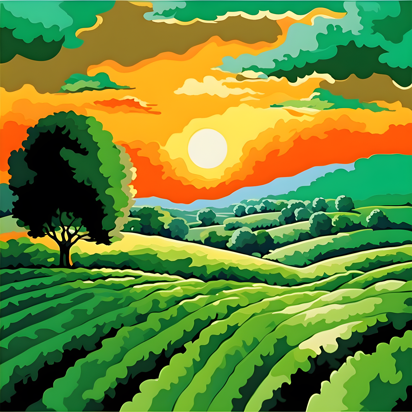Green Fields Landscape at Sunset (2) - Van-Go Paint-By-Number Kit