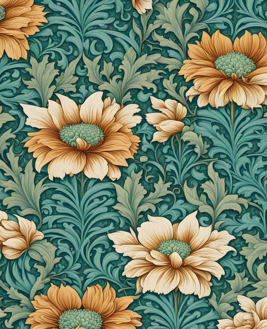 William Morris Style Collection PD (90) - Hemera Mint Turquoise Fabric Pattern - Van-Go Paint-By-Number Kit
