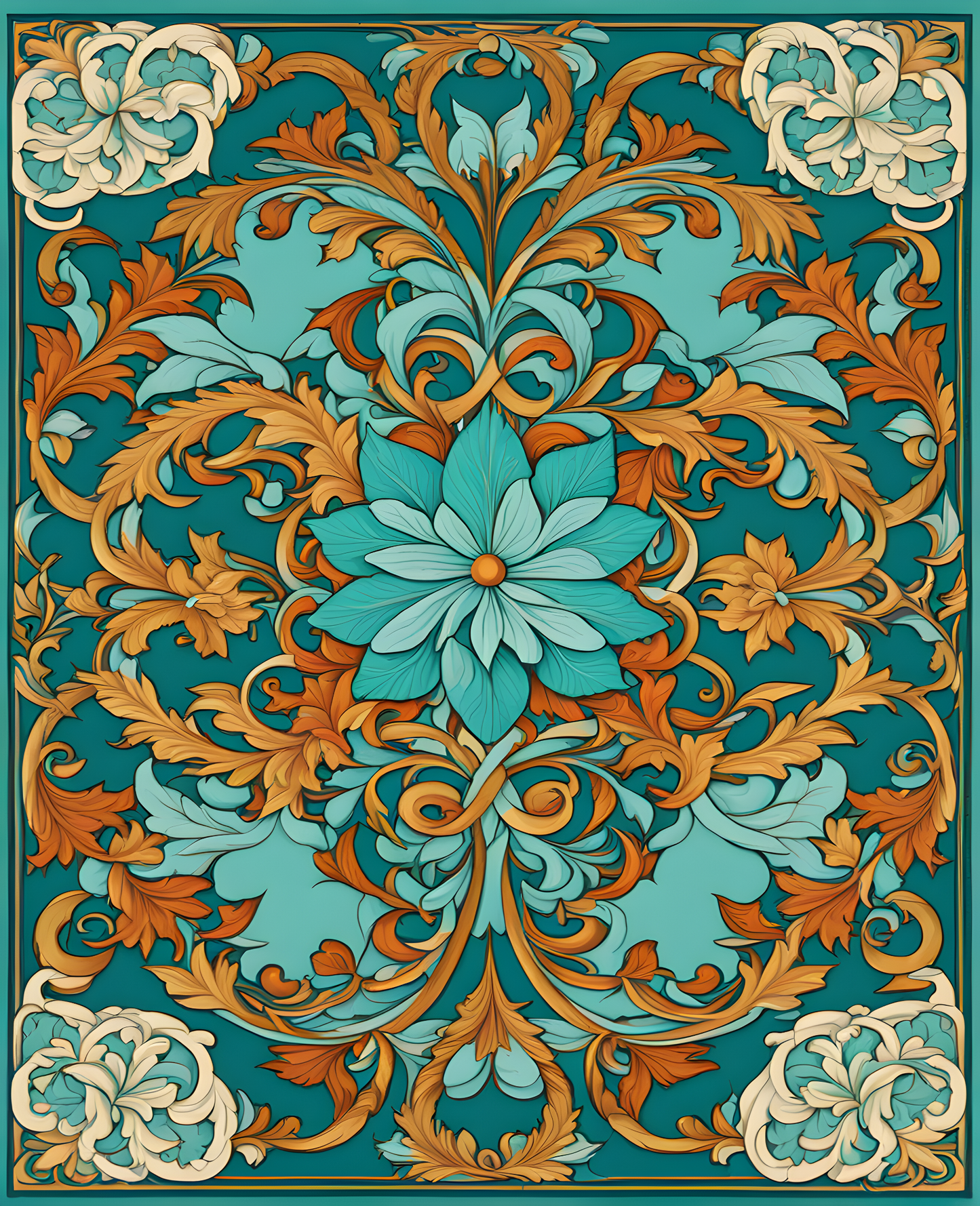 William Morris Style Collection PD (91) - Hemera Mint Turquoise Fabric Pattern - Van-Go Paint-By-Number Kit