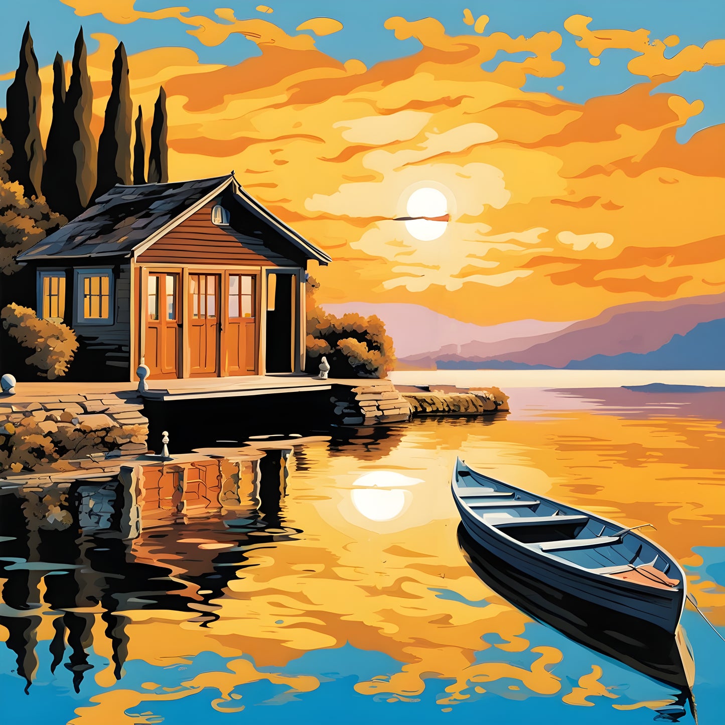 Lakeside Boat House at Sunrise - Van-Go Paint-By-Number Kit