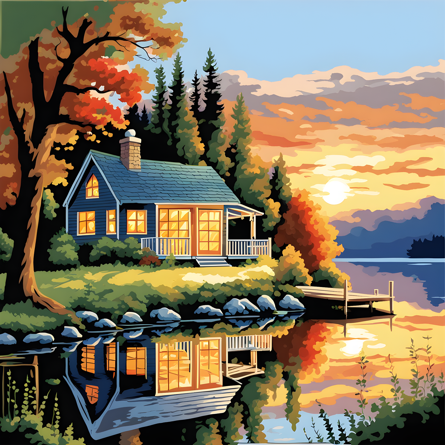 Lakeside Cottage Reflection at Sunset - Van-Go Paint-By-Number Kit