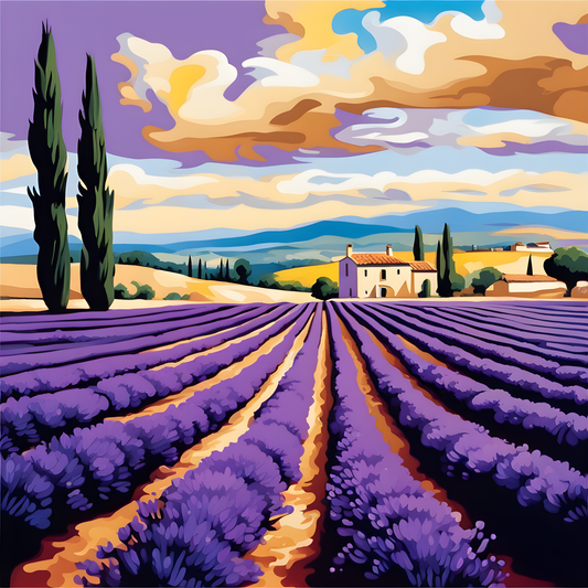 Lavender Flower Blooming Fields Horizon, Provence (1) - Van-Go Paint-By-Number Kit