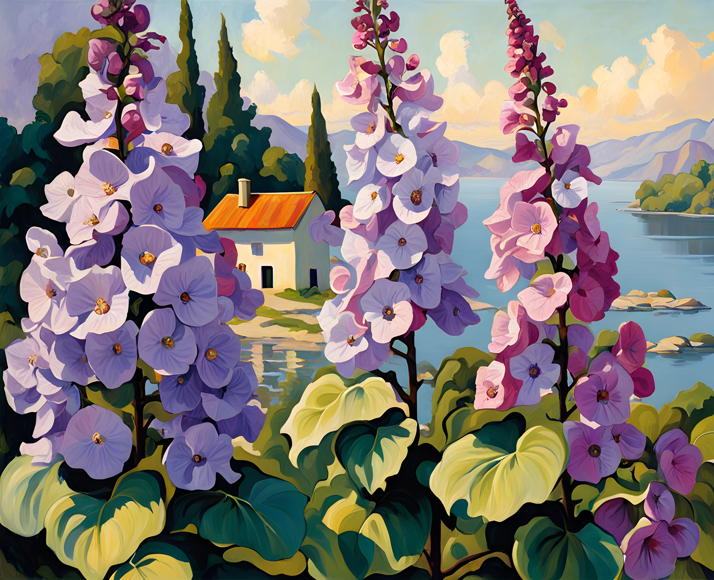 Lilac Branches and Hollyhocks - Van-Go Paint-By-Number Kit