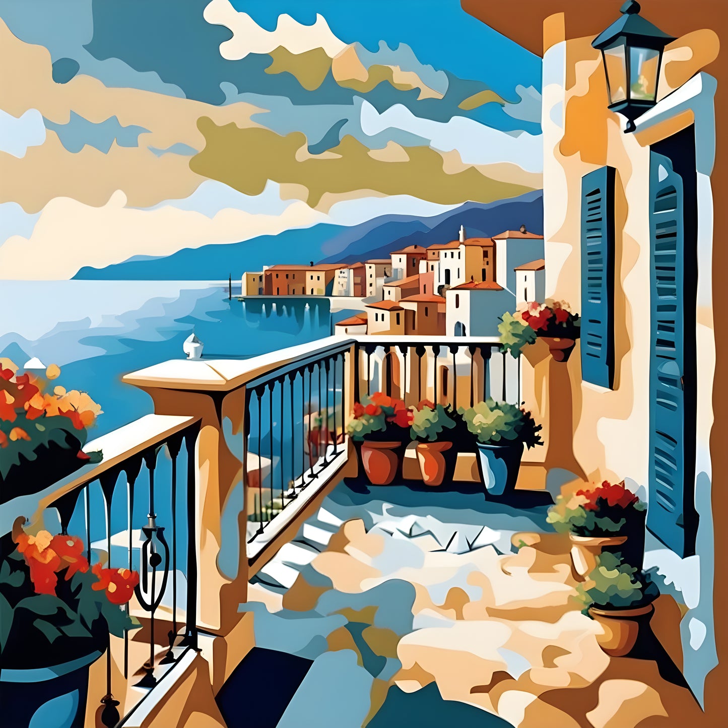 Mediterranean Seaside Balcony Landscape (2) - Van-Go Paint-By-Number Kit