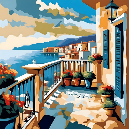 Mediterranean Seaside Balcony Landscape (2) - Van-Go Paint-By-Number Kit