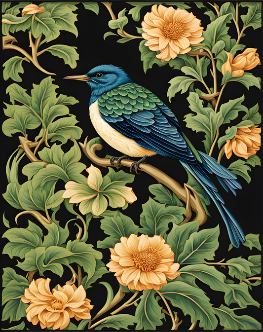 William Morris Style Collection PD (132) - Birds Black Green Fabric Pattern - Van-Go Paint-By-Number Kit