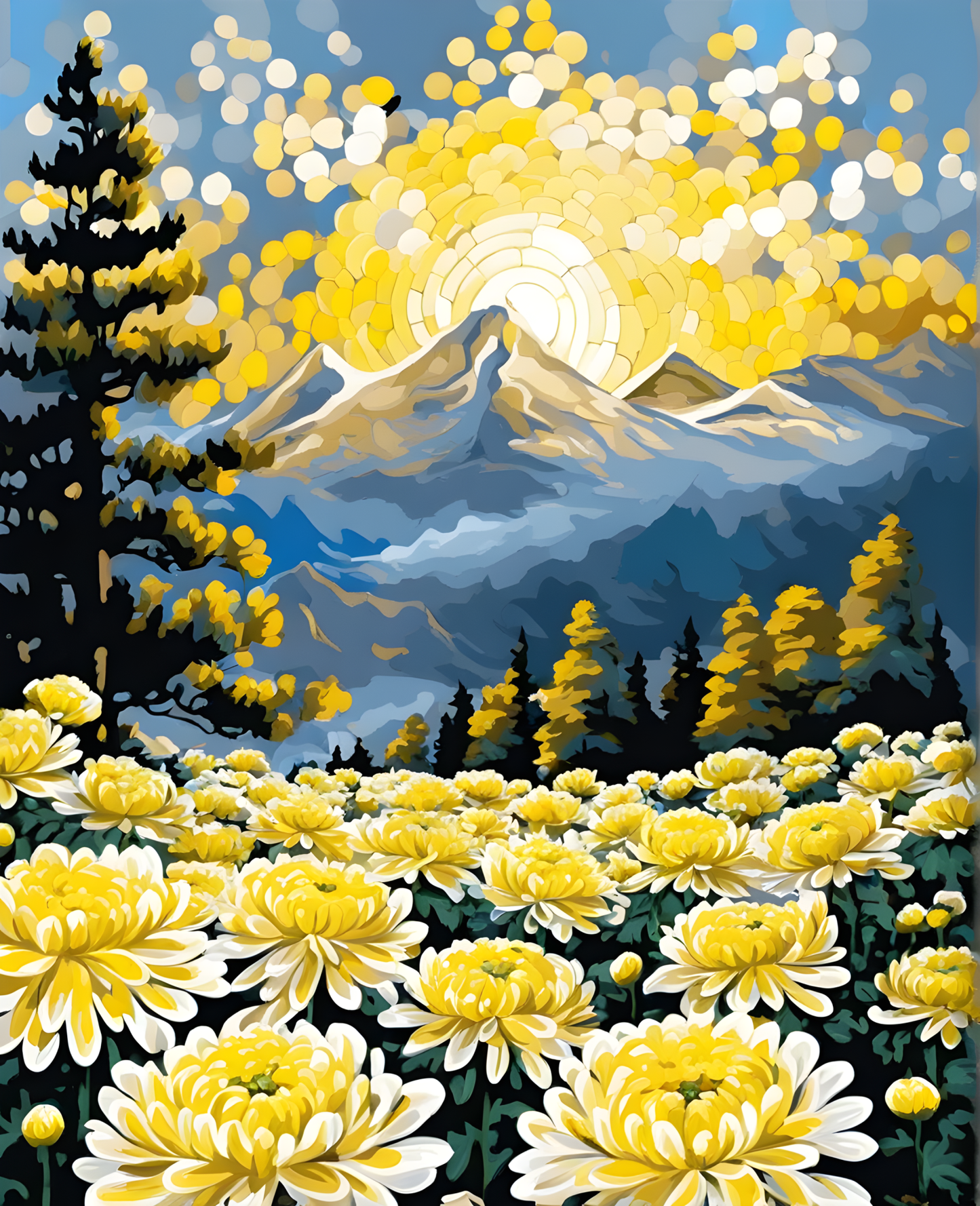 Mountain Sunrise over Yellow-white chrysanthemums (2) - Van-Go Paint-By-Number Kit