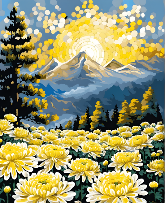 Mountain Sunrise over Yellow-white chrysanthemums (2) - Van-Go Paint-By-Number Kit