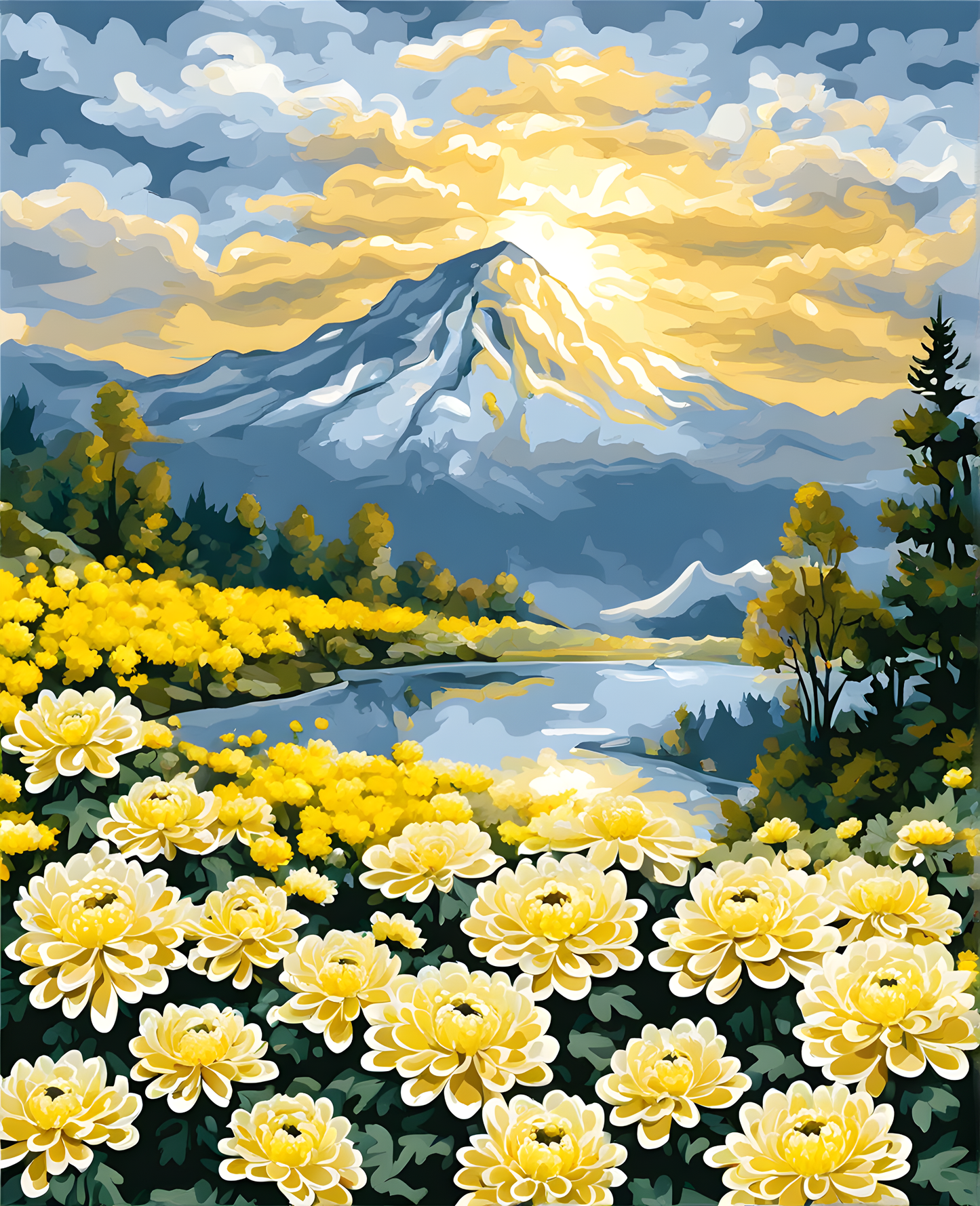 Mountain Sunrise over Yellow-white chrysanthemums (1) - Van-Go Paint-By-Number Kit