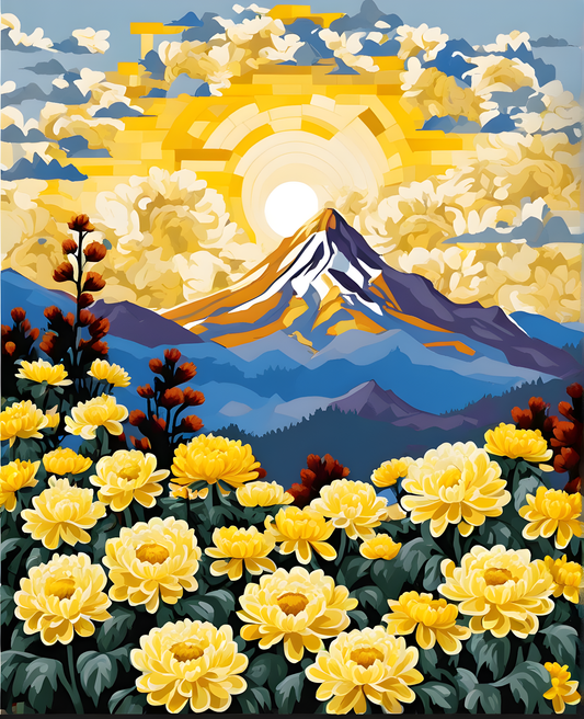 Mountain Sunrise over Yellow-white chrysanthemums (3) - Van-Go Paint-By-Number Kit