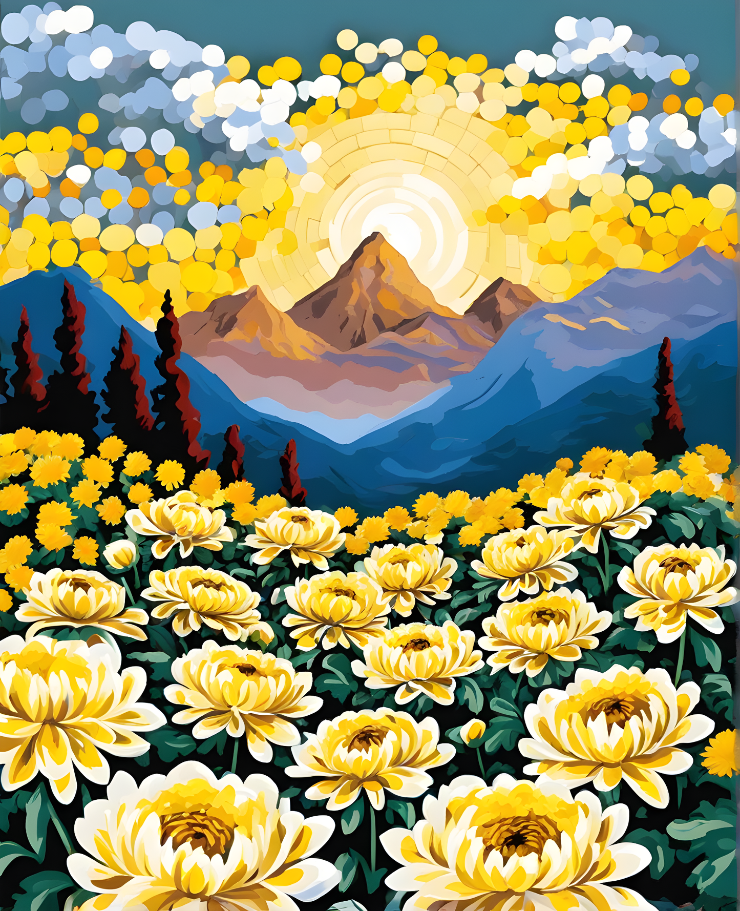 Mountain Sunrise over Yellow-white chrysanthemums (4) - Van-Go Paint-By-Number Kit